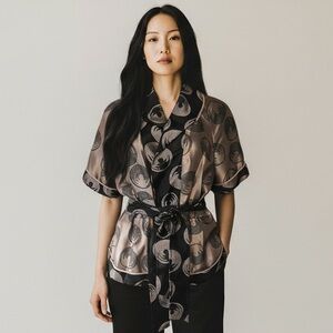 BCBGMaxAzria Black and Rosegold Geometric Print Wrap Jacket